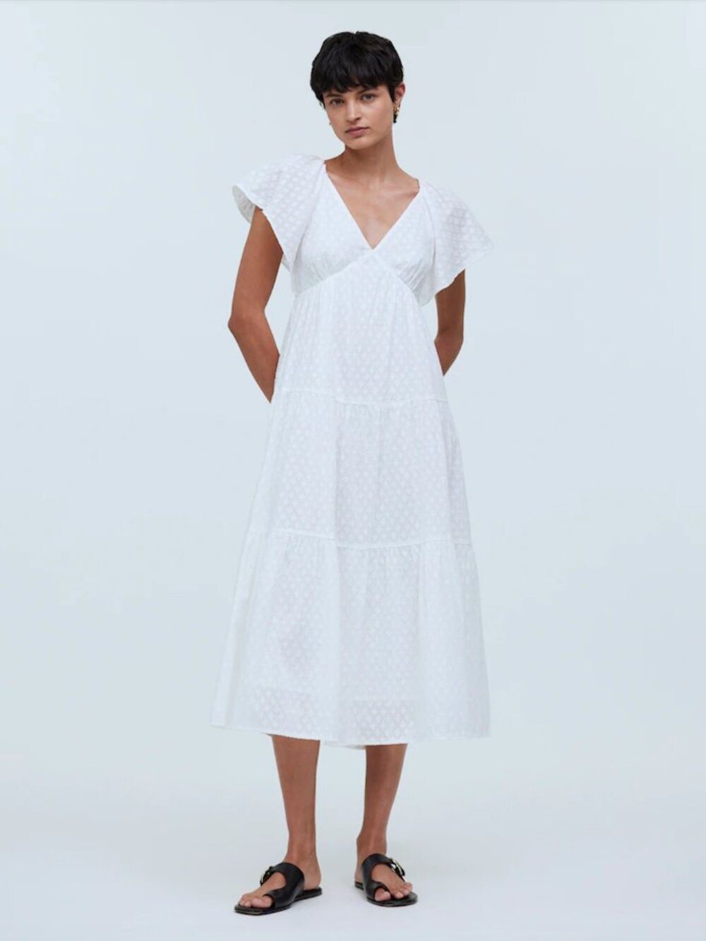 Madewell Tie-Back Flutter-Sleeve Tiered Midi Dress in Soft White